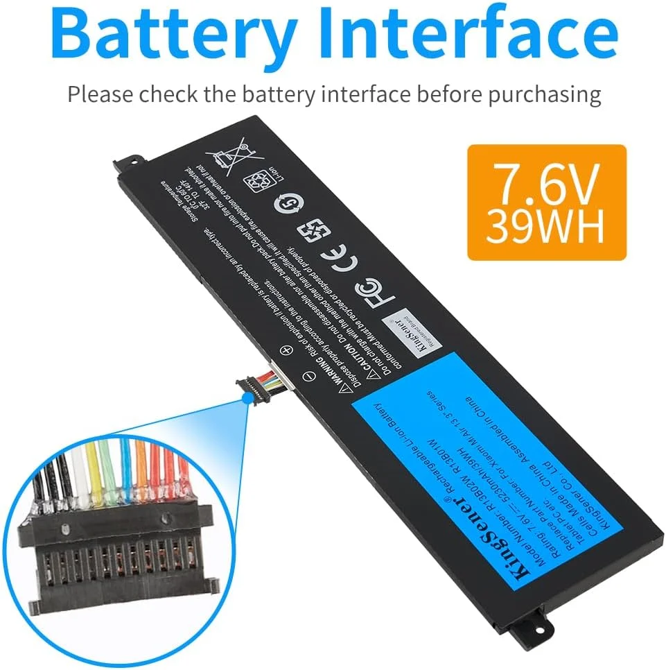 باتری لپ تاپ R13B01W R13B02W برای سری Xiaomi Mi Air 13 13.3 اینچی نوت بوک 161301-01 تبلت PC باتری قابل شارژ 7.6V 5230mAh / 39WH