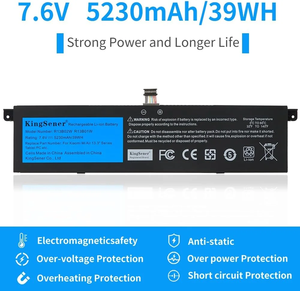 باتری لپ تاپ R13B01W R13B02W برای سری Xiaomi Mi Air 13 13.3 اینچی نوت بوک 161301-01 تبلت PC باتری قابل شارژ 7.6V 5230mAh / 39WH
