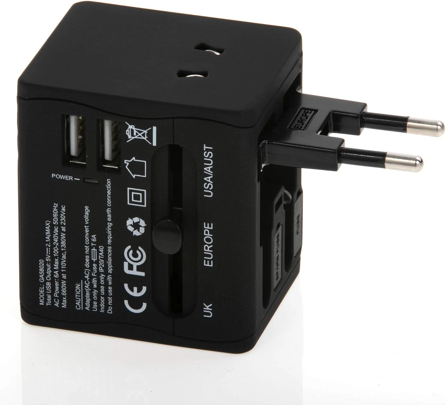 آداپتور جهانی Geepas برای تلفن های هوشمند، دوربین ها و موارد دیگر - قابل استفاده در بیش از 150 کشور، دارای خروجی 5 ولت، 2.1 آمپر