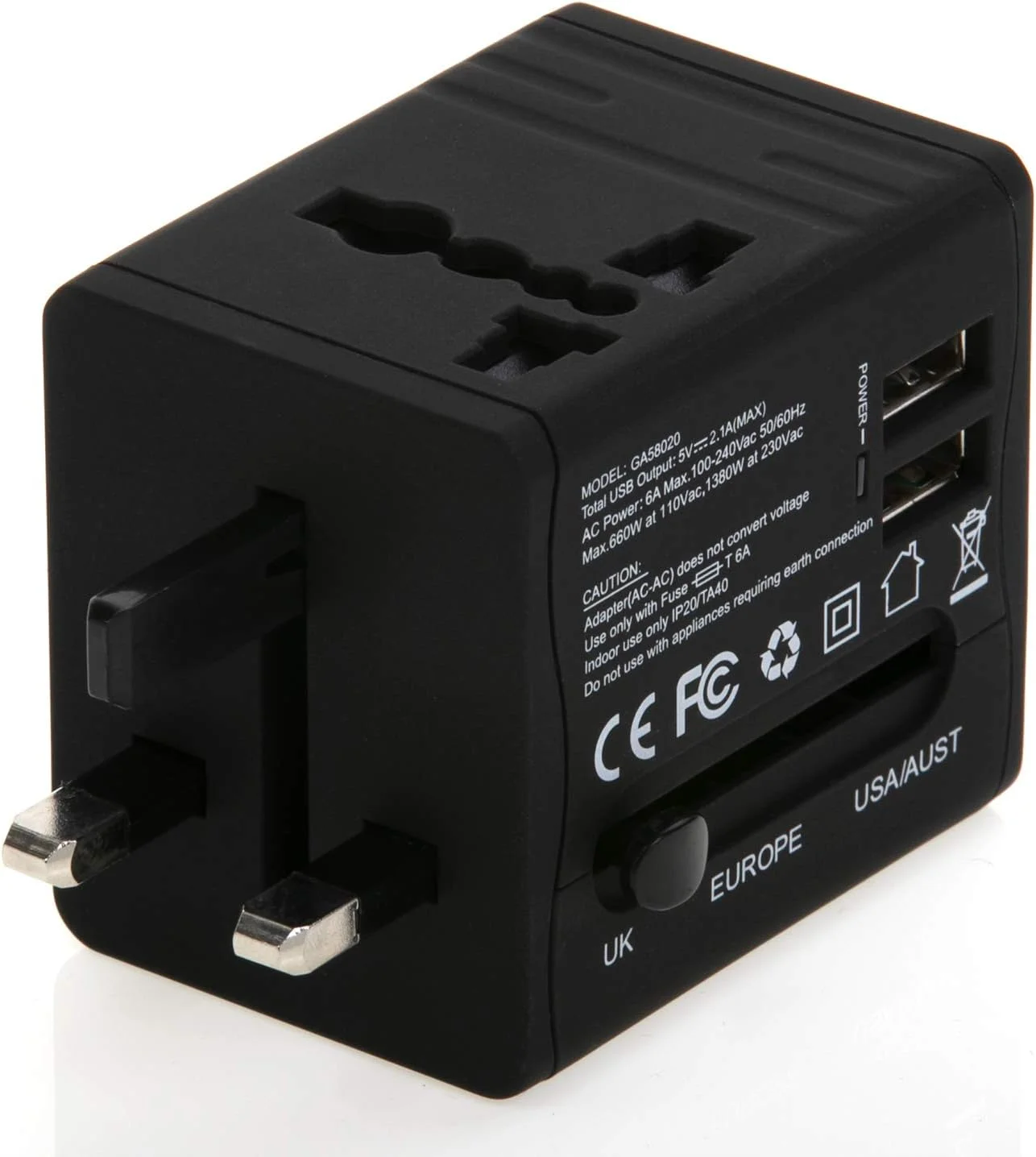 آداپتور جهانی Geepas برای تلفن های هوشمند، دوربین ها و موارد دیگر - قابل استفاده در بیش از 150 کشور، دارای خروجی 5 ولت، 2.1 آمپر