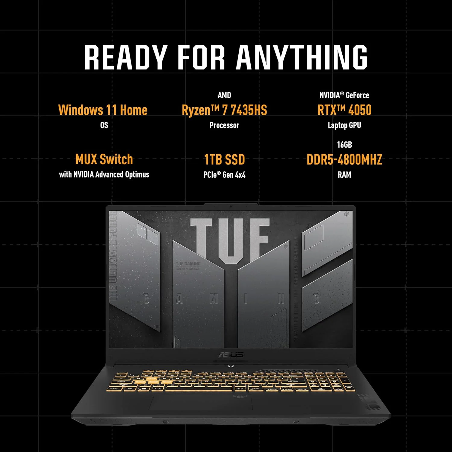 ایسوس TUF Gaming A15 FA507NUR-LP053W AMD R7-7435HS/16GB RAM/1TB SSD/NVIDIA GeForce RTX 4050 6GB/15.6 FHD(1920x1080) 144Hz/Windows11 Home/نور پس زمینه تک رنگ RGB/صفحه کلید انگلیسی - عربی - خاکستری مکانیکی