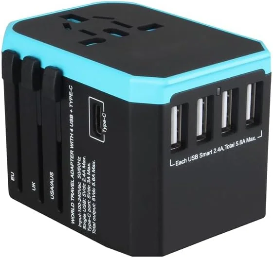 آداپتور مسافرتی جهانی Azonee، آداپتور دوشاخه بین المللی، 5.6 آمپر توان هوشمند 3.0 آمپر 4 پورت USB 1 پورت Type C، شارژر مسافرتی آداپتور برق، مبدل پریز برق در سراسر جهان (Type C/G/A/I)