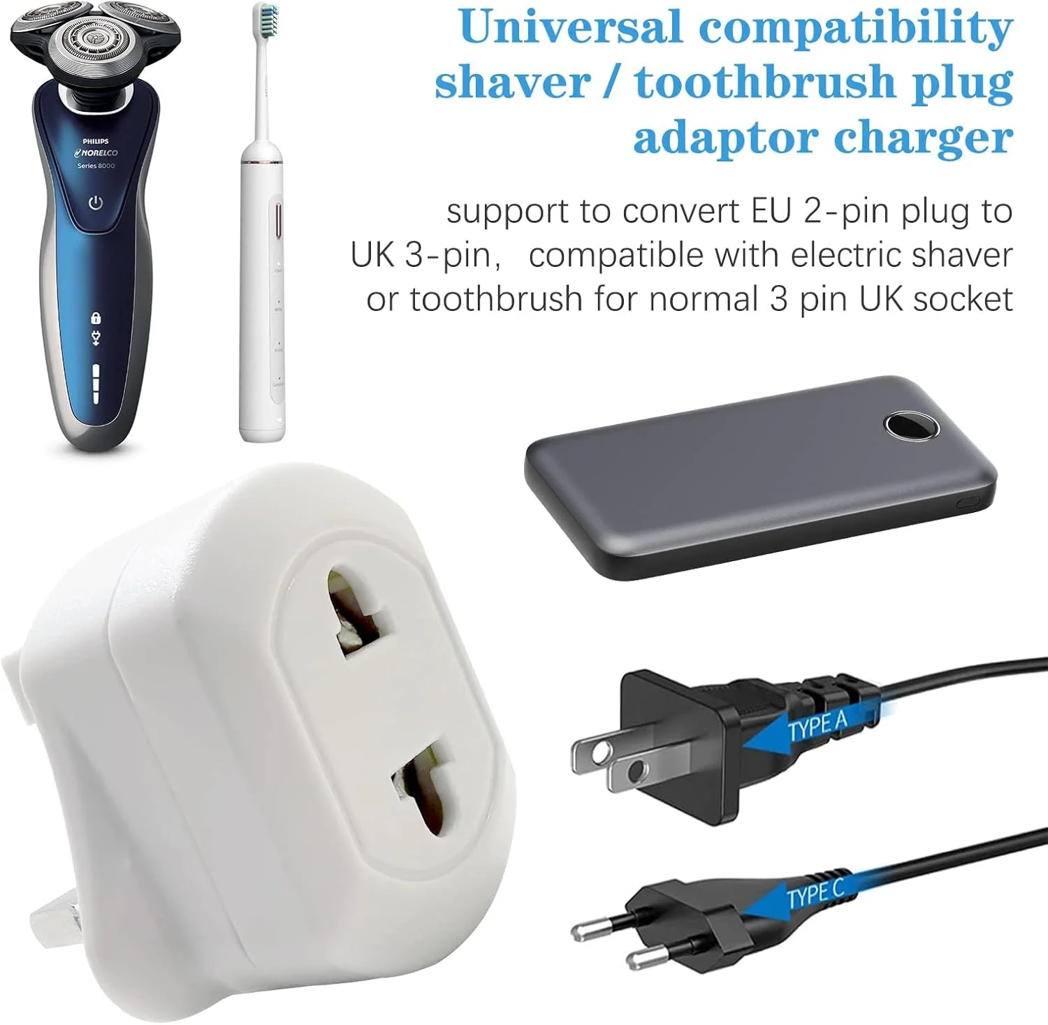 آداپتور دوشاخه بریتانیایی Azonee بسته 2 عددی، آداپتور پریز حمام جهانی برای ریش تراش و مسواک، آداپتور دوشاخه سازگار بریتانیا