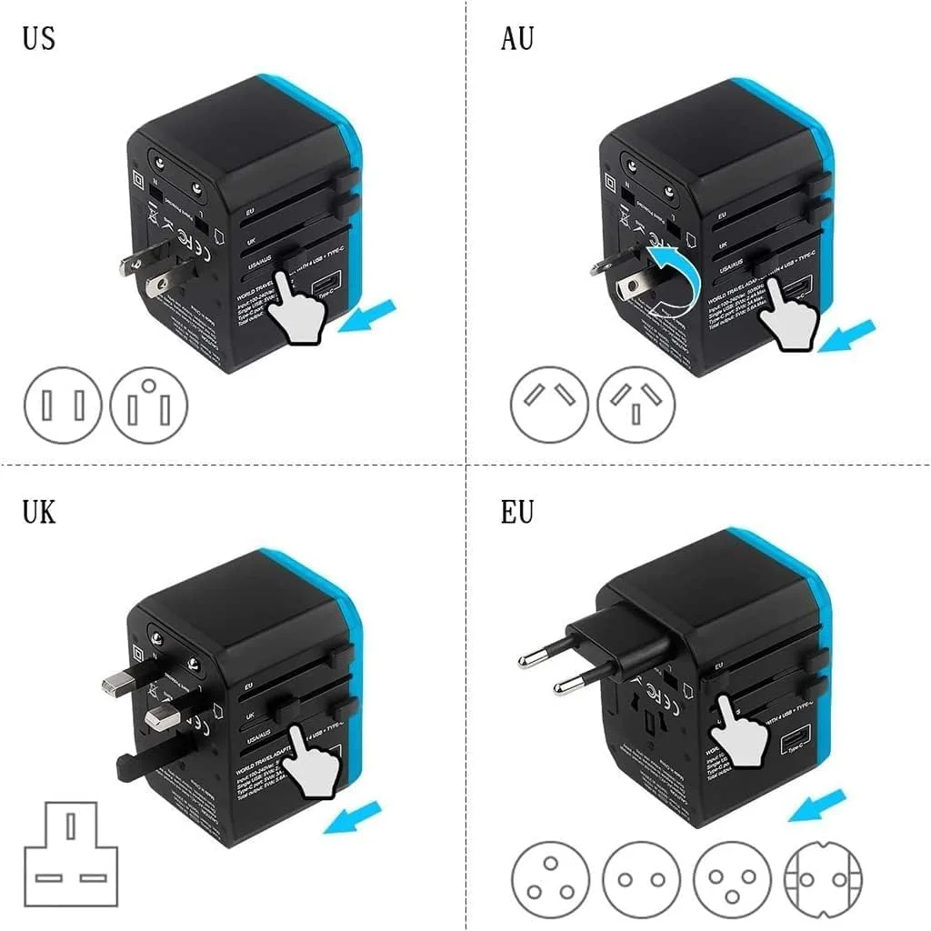 آداپتور مسافرتی جهانی Azonee، آداپتور دوشاخه بین المللی، 5.6 آمپر توان هوشمند 3.0 آمپر 4 پورت USB 1 پورت Type C، شارژر مسافرتی آداپتور برق، مبدل پریز برق در سراسر جهان (Type C/G/A/I)