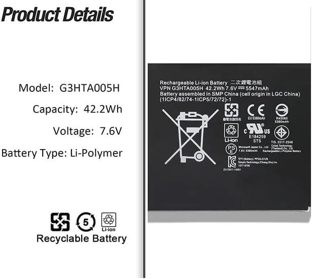 باتری لپ تاپ Txopaf 7.6V 42.2Wh 5380mAh G3HTA005H G3HTA009H MS011301-PLP22T02 سازگار با تبلت Microsoft Surface Pro 3 1631 1577-9700