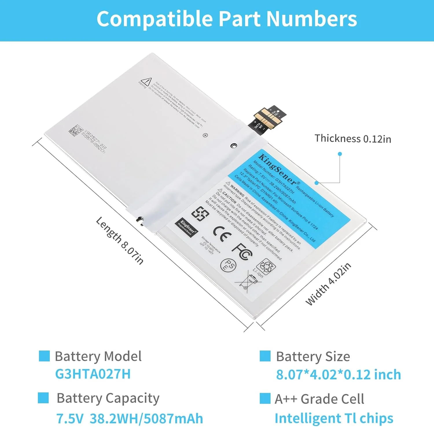 باتری جایگزین لپ تاپ G3HTA027H DYNR01 برای تبلت مایکروسافت Surface Pro 4 1724 12.3 اینچی G3HTA026H 7.5V 38.2Wh 5087mAh به همراه ابزار