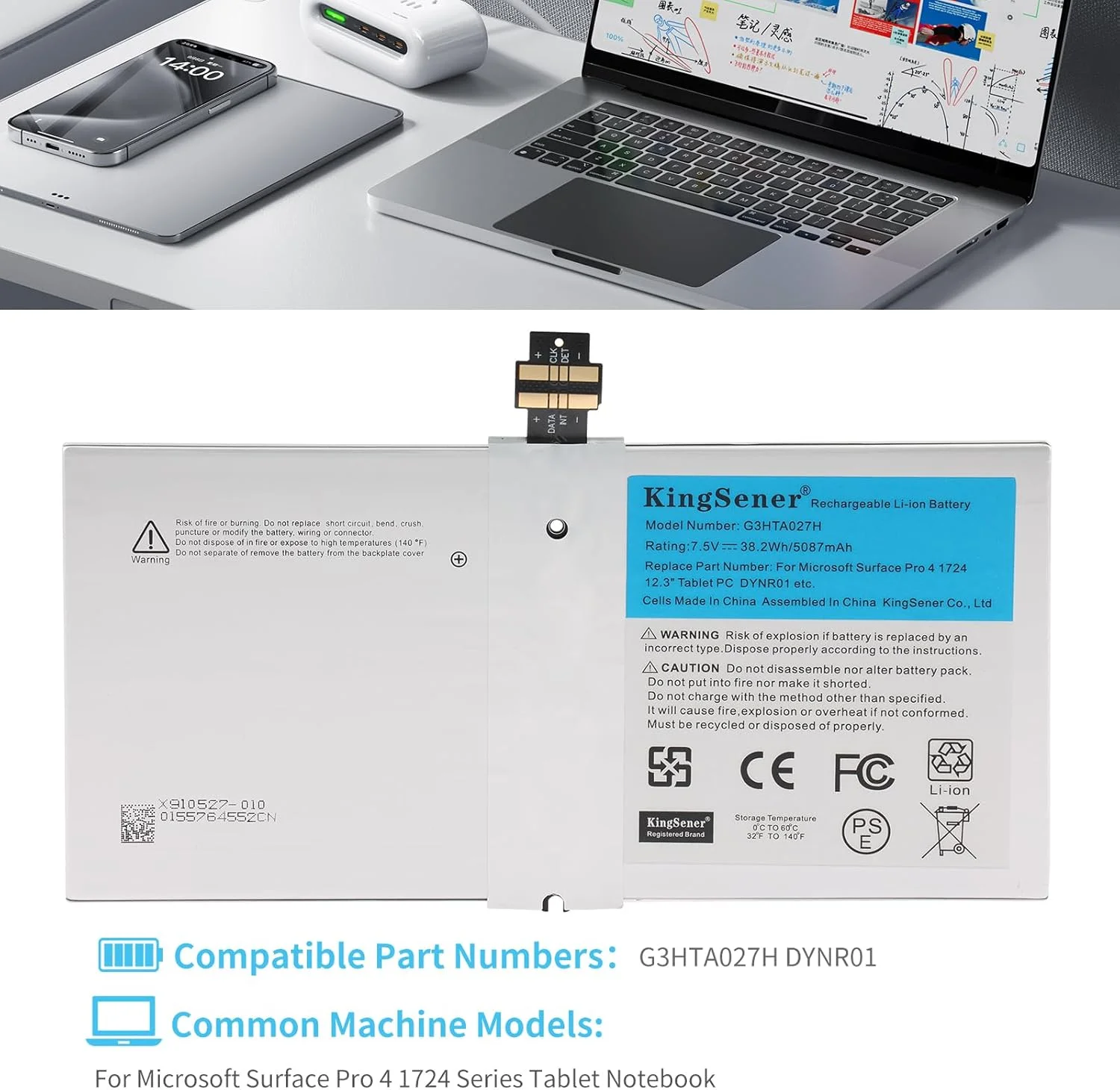 باتری جایگزین لپ تاپ G3HTA027H DYNR01 برای تبلت مایکروسافت Surface Pro 4 1724 12.3 اینچی G3HTA026H 7.5V 38.2Wh 5087mAh به همراه ابزار