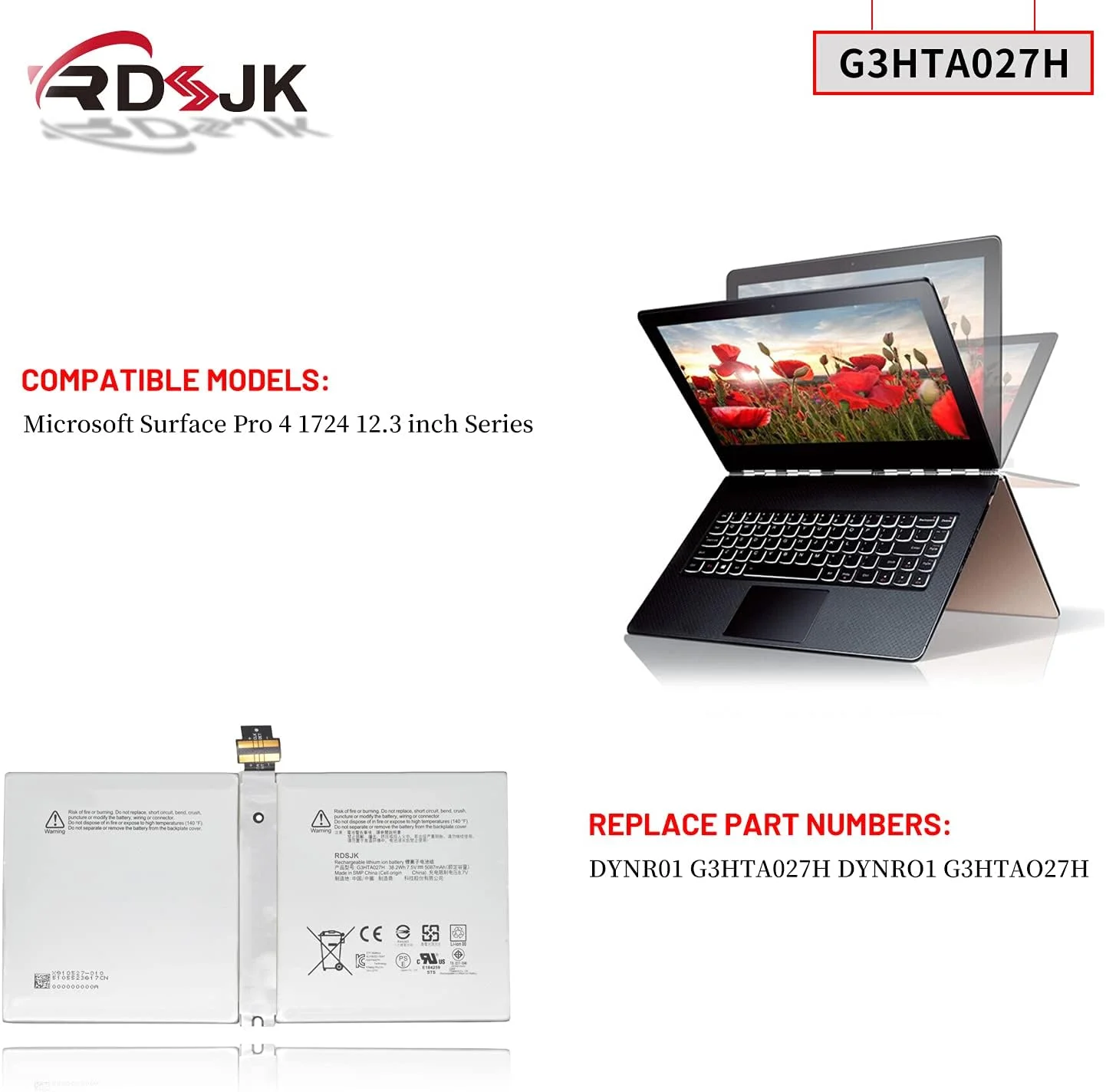 باتری لپ تاپ G3HTA027H DYNR01 برای تبلت Microsoft Surface Pro 4 Pro4 1724 12.3 اینچی سری DYNRO1 G3HTA026H 7.5V 38.2Wh 5087mAh به همراه ابزار باتری لپ تاپ G3HTA027H DYNR01 برای تبلت Microsoft Surface Pro 4 Pro4 1724 12.3 اینچی سری DYNRO1 G3HTA026H 7.5V 38.2Wh 5087mAh به همراه ابزار