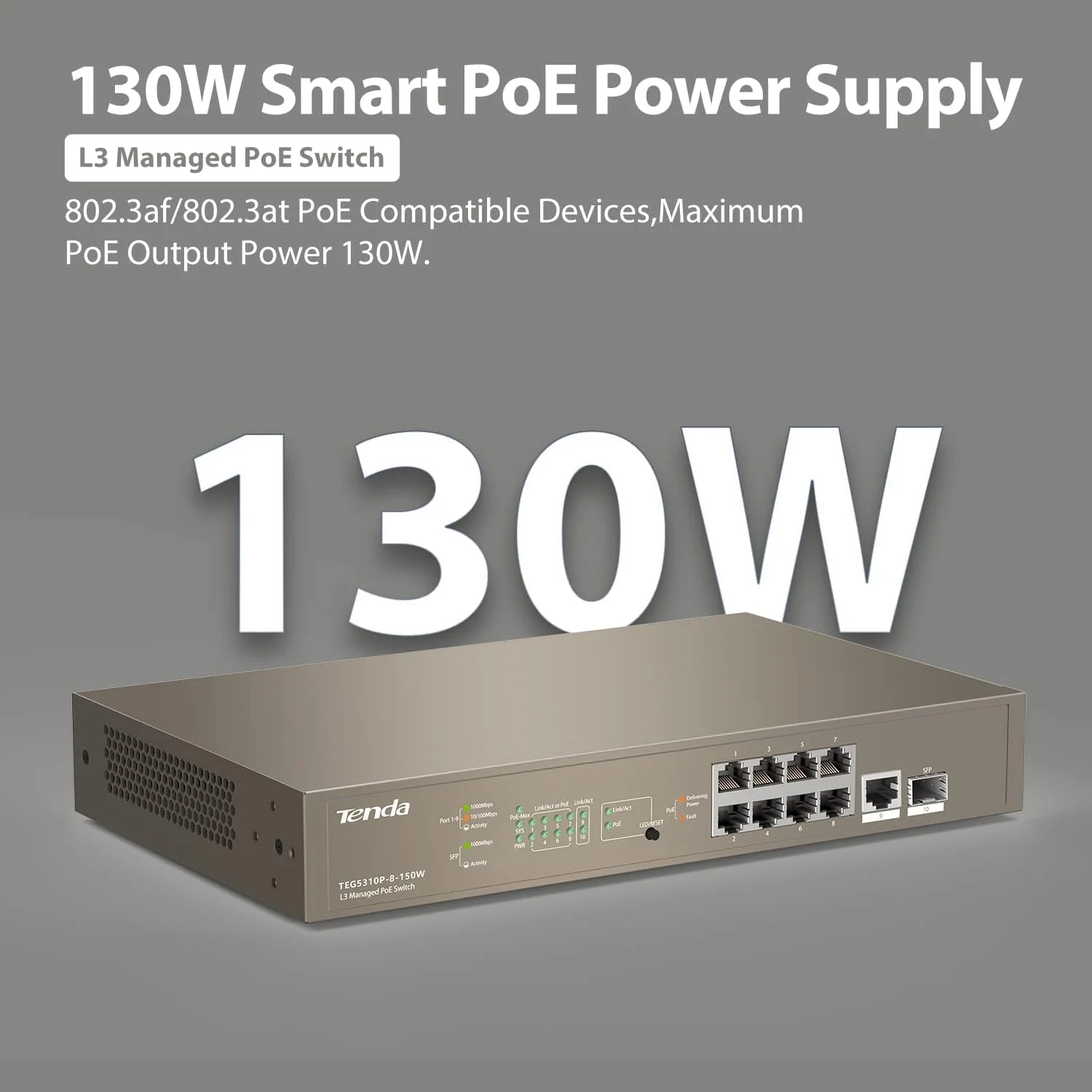 سوئیچ مدیریتی PoE لایه 3 Tenda | دارای 9 پورت PoE با 1 پورت SFP | مسیریابی استاتیک | VLAN | IGMP | QoS | DHCP Snooping (TEG5310P-8-150W)