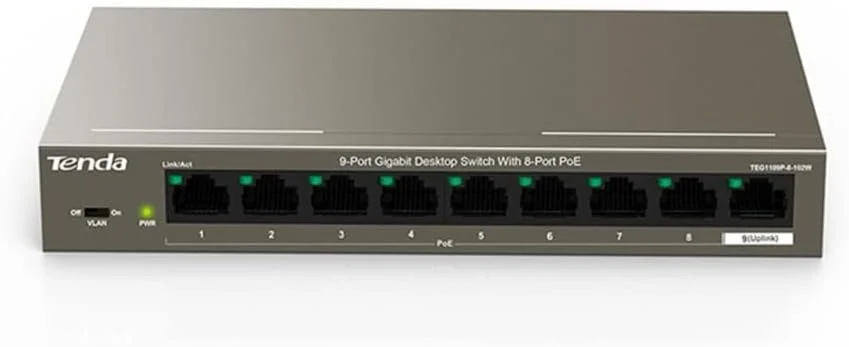 سوییچ 9 پورت گیگابیتی PoE تندا با 8 پورت PoE+، IEEE 802.3af/at، بودجه PoE 92W، VLAN، محافظت در برابر اضافه بار، نصب آسان، ایده آل برای دوربین مداربسته/اکسس پوینت، بدنه فلزی (TEG1109P-8-102W)