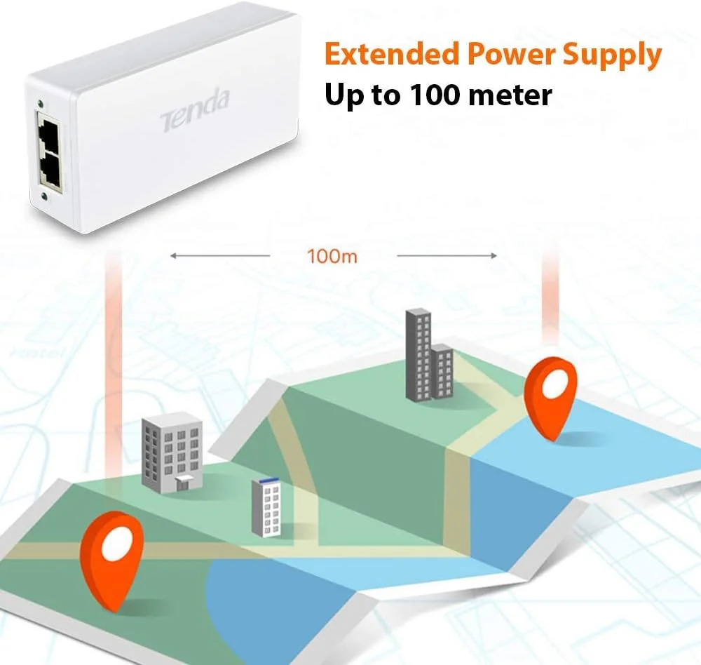 آداپتور تزریق کننده PoE+ گیگابیتی 30 واتی Tenda، سازگار با 802.3at و 802.3af (POE30G-AT)، سفید