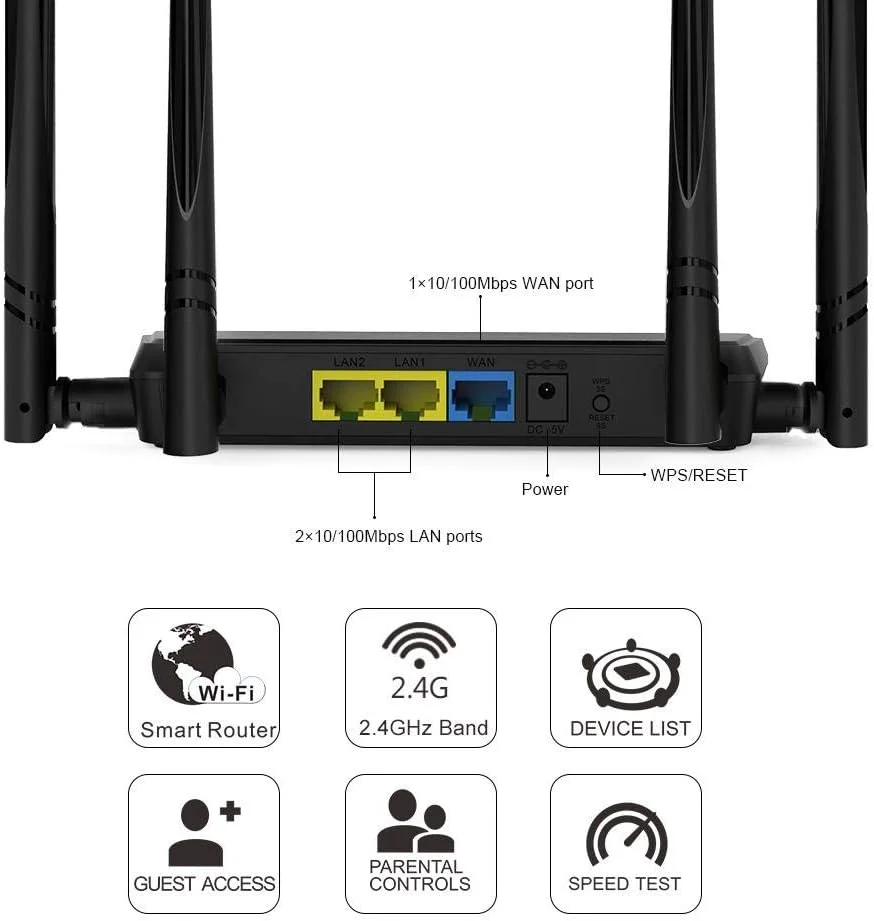 روتر هوشمند بی سیم Wavlink N300 با 4 آنتن خارجی 5dbi و دکمه WPS، IP QoS، روتر بی سیم 300 مگابیت در ثانیه، سرور DHCP/راه اندازی پورت/سرور مجازی/مدیریت از راه دور.
