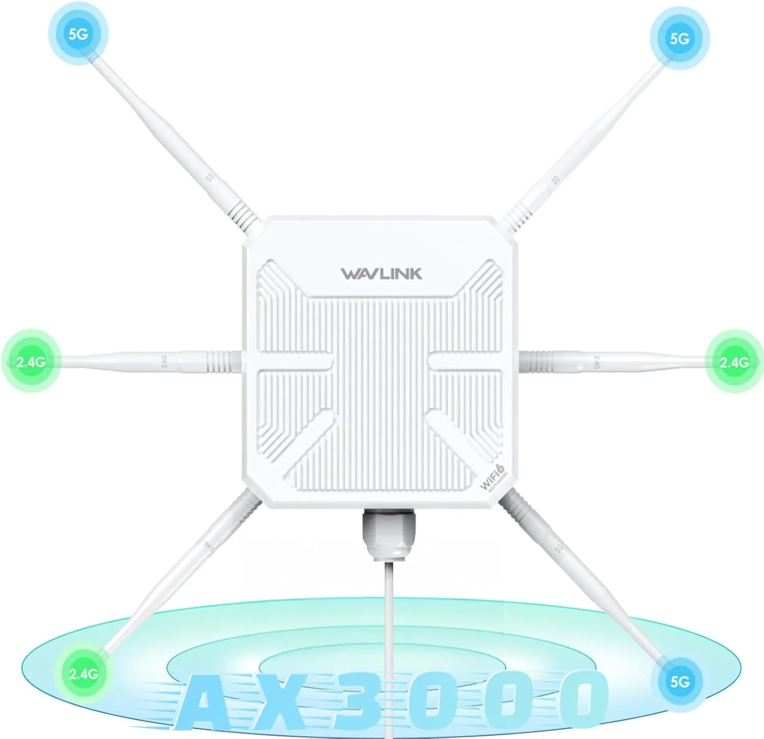 اکستندر وای فای 6 بیرونی AX3000 مدل 2025، ریپیتر/اکسس پوینت وای فای دوربرد WAVLINK با دو باند/PoE/IP67 ضد آب/6 عدد آنتن 7dBi، پشتیبانی از حداکثر 256 دستگاه برای گاراژ، حیاط، RV، مزرعه