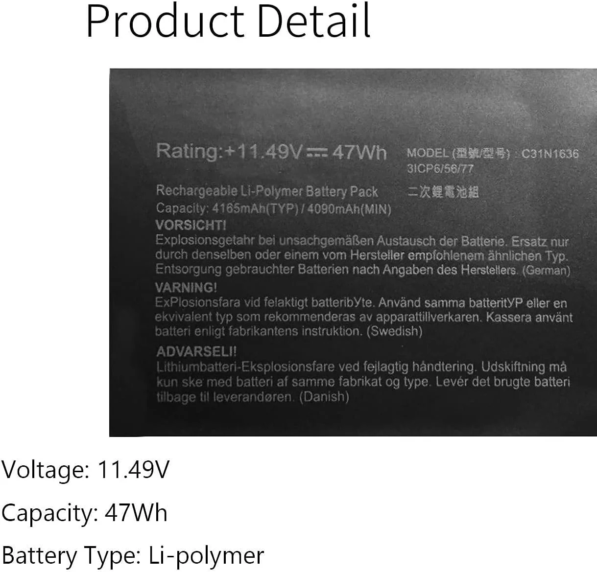 باتری 11.49V 47Wh/4165mAh C31N1636 سازگار با Asus VivoBook Pro 15 0B200-02580100 0B200-02580000 0B200-02580200 N580V N580VN NX580VD NX580VD7300 NX580VD7700 Series باتری 11.49V 47Wh/4165mAh C31N1636 سازگار با Asus VivoBook Pro 15 0B200-02580100 0B200-02580000 0B200-02580200 N580V N580VN NX580VD NX580VD7300 NX580VD7700 Series