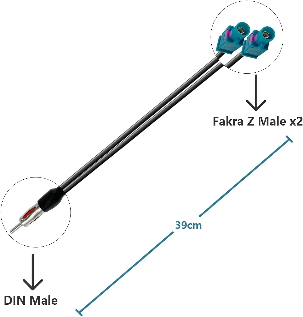کابل تقسیم کننده دوگانه فکرا به DIN، 39 سانتی متر، 50 اهم، تقسیم کننده آنتن رادیویی AM/FM، فکرا Z به پلاگین DIN، کابل RG174