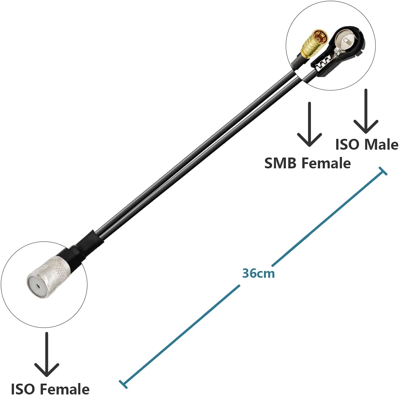 آداپتور تقسیم کننده آنتن Vecys، دوشاخه ISO به دوشاخه ISO به دوشاخه SMB RG174 36 سانتی متر برای آنتن رادیو خودرو AM/FM