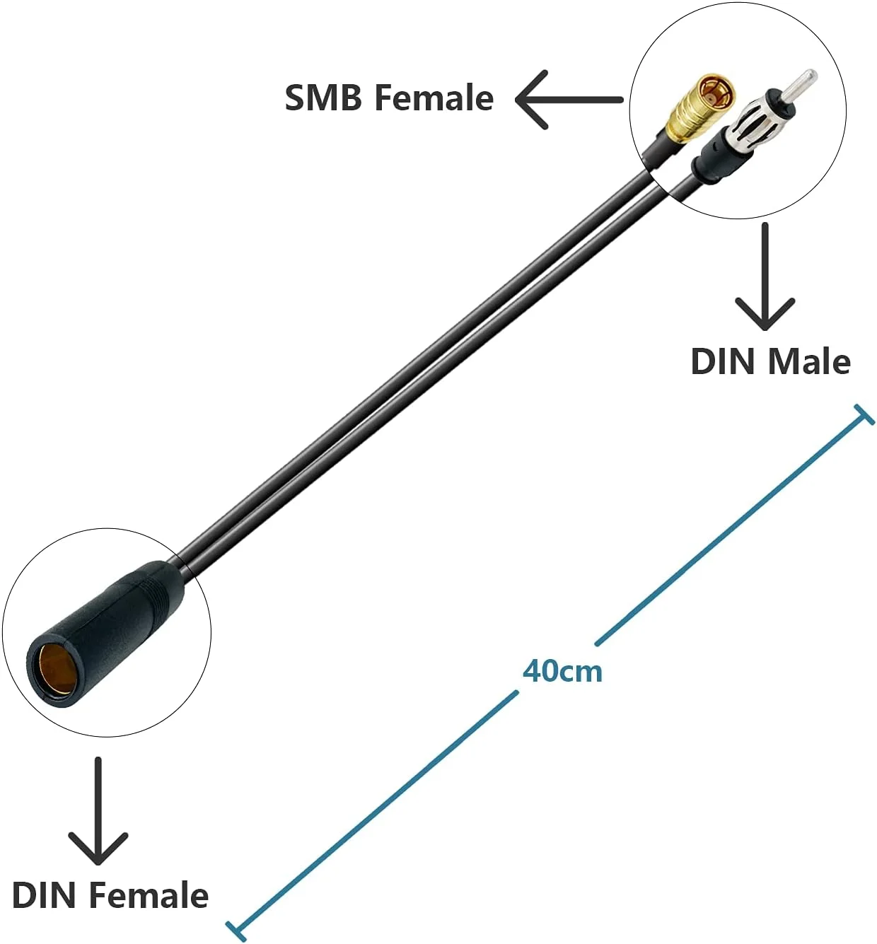 آداپتور جداکننده DAB Vecys، کابل جداکننده آنتن رادیو خودرو، دوشاخه SMB DIN به سوکت ISO، کابل RG174، 40 سانتی متر برای آنتن رادیو خودرو AM/FM DAB