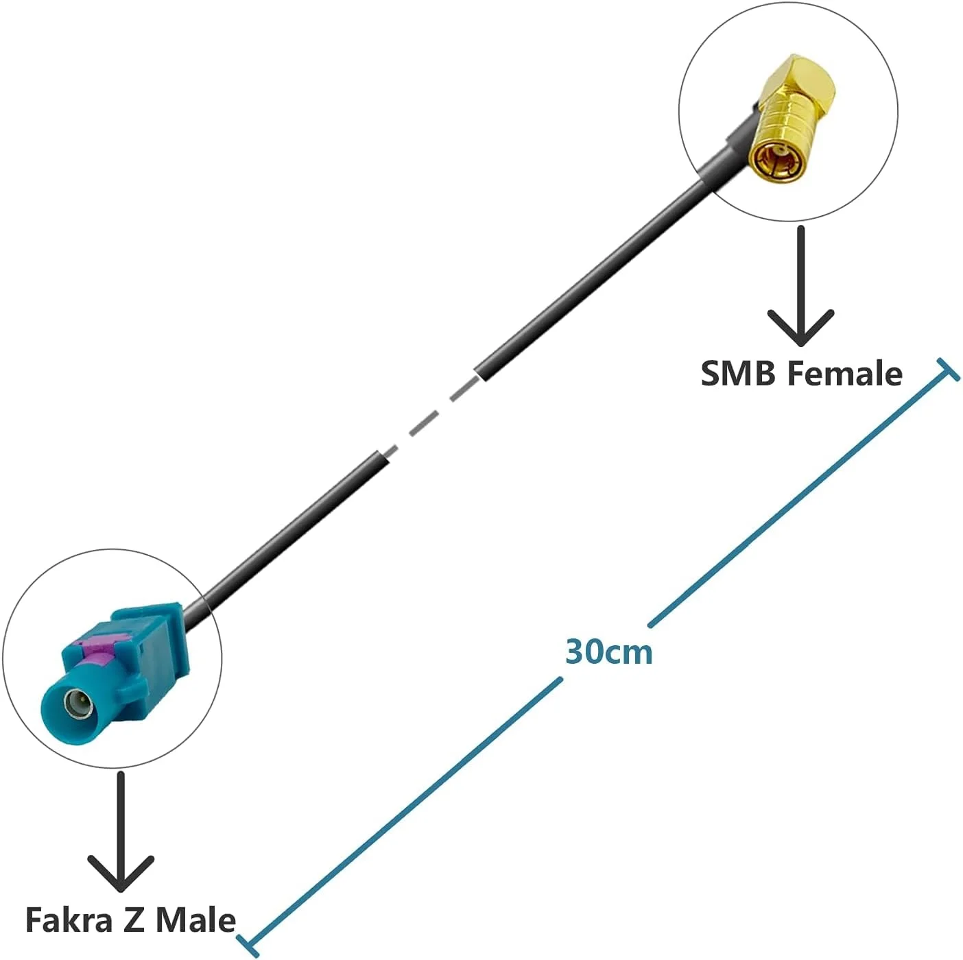 کابل آنتن DAB با اتصال SMB به Fakra، کابل افزایش طول 30 سانتی‌متری، آداپتور آنتن Fakra نر به SMB مادگی، کابل نوع RG174