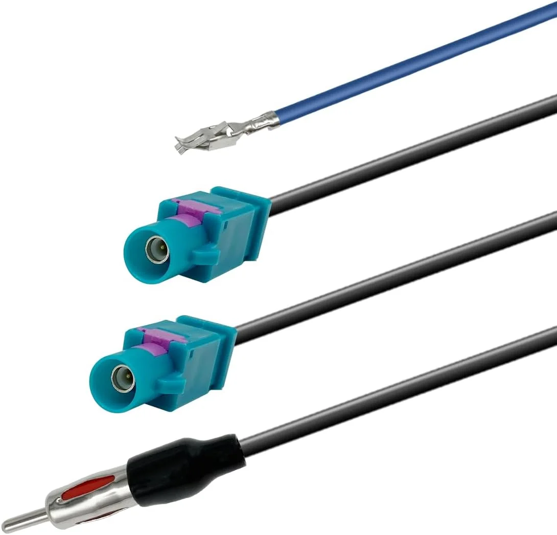 تقسیم کننده تقویت کننده آنتن رادیو خودرو Vecys، دوشاخه نر دوگانه Fakra Z به کابل تقسیم کننده دوشاخه نر DIN، 43 سانتی متر، سازگار با رادیو خودرو FM AM