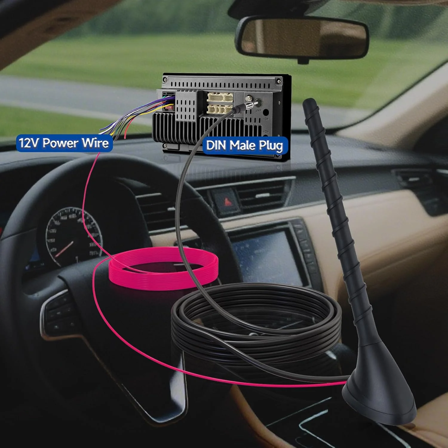 آنتن رادیو FM AM استریو خودرو Superbat، جایگزین آنتن تقویت شده یونیورسال با نصب روی سقف به همراه پایه نصب + سیم برق 12 ولت و کانکتور DIN برای گیرنده استریو خودرو، کامیون و قایق