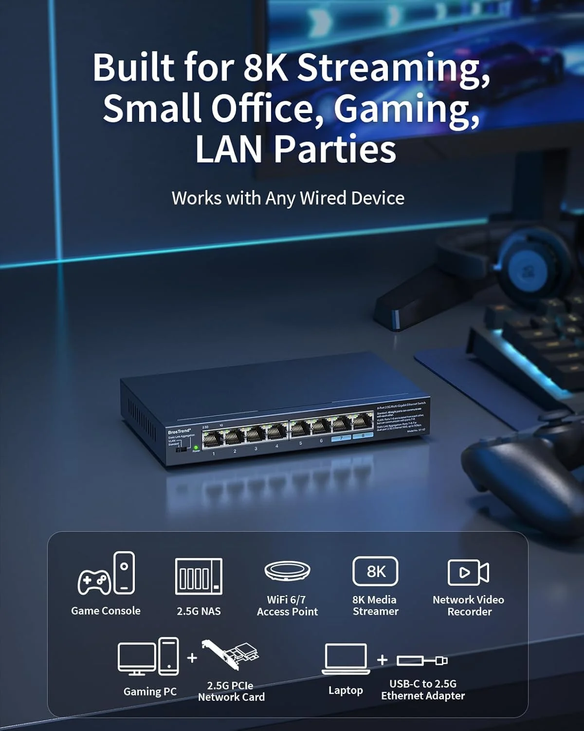 سوئیچ شبکه 2.5 گیگابیتی BrosTrend، سوئیچ اترنت غیر مدیریتی 8 پورت با پشتیبانی از تجمیع استاتیک لینک و VLAN، ایده آل برای گیمینگ، NAS، کامپیوتر، اسپلیتر اترنت، بدون فن، قابل نصب روی میز/دیوار، محافظت مادام العمر سوئیچ شبکه 2.5 گیگابیتی BrosTrend، سوئیچ اترنت غیر مدیریتی 8 پورت با پشتیبانی از تجمیع استاتیک لینک و VLAN، ایده آل برای گیمینگ، NAS، کامپیوتر، اسپلیتر اترنت، بدون فن، قابل نصب روی میز/دیوار، محافظت مادام العمر