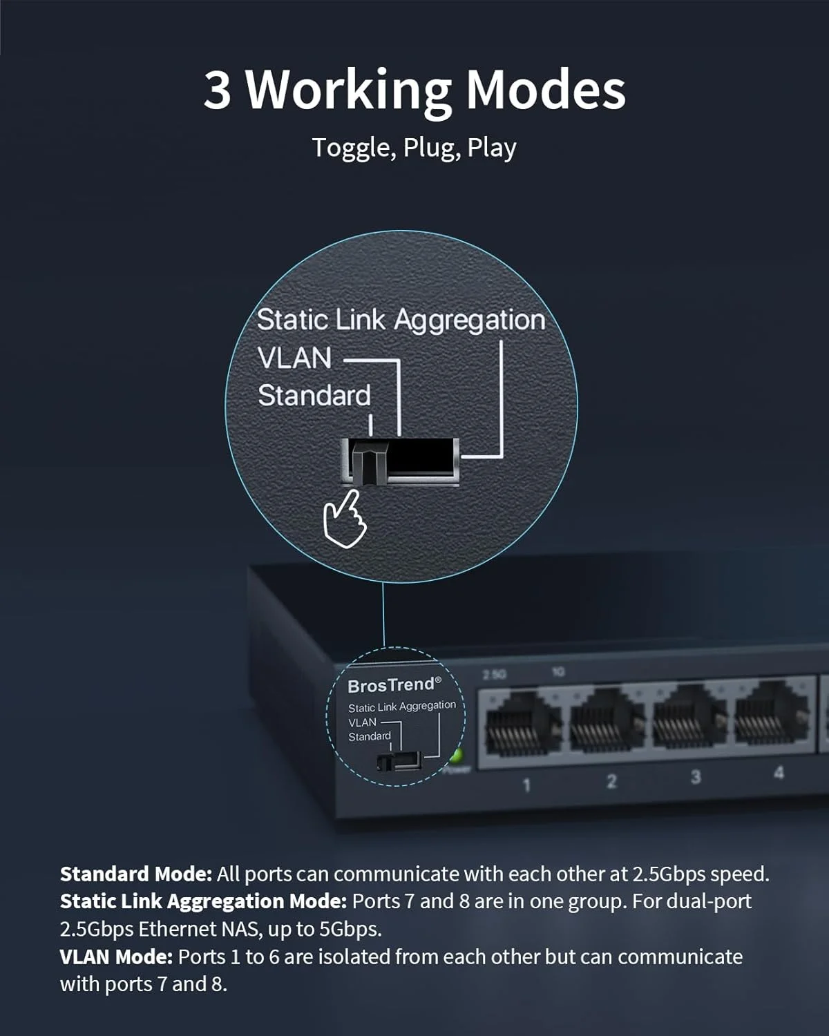 سوئیچ شبکه 2.5 گیگابیتی BrosTrend، سوئیچ اترنت غیر مدیریتی 8 پورت با پشتیبانی از تجمیع استاتیک لینک و VLAN، ایده آل برای گیمینگ، NAS، کامپیوتر، اسپلیتر اترنت، بدون فن، قابل نصب روی میز/دیوار، محافظت مادام العمر سوئیچ شبکه 2.5 گیگابیتی BrosTrend، سوئیچ اترنت غیر مدیریتی 8 پورت با پشتیبانی از تجمیع استاتیک لینک و VLAN، ایده آل برای گیمینگ، NAS، کامپیوتر، اسپلیتر اترنت، بدون فن، قابل نصب روی میز/دیوار، محافظت مادام العمر