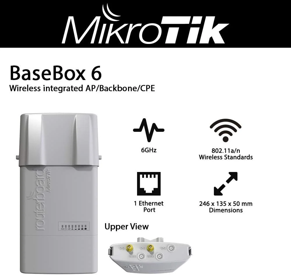 اکسس پوینت/بک بون/ CPE یکپارچه 6 گیگاهرتز Mikrotik BaseBox 6 RB912UAG-6HPnD-OUT، دارای 2 کانکتور RPSMA، اسلات miniPCI-e و اترنت گیگابیتی اکسس پوینت/بک بون/ CPE یکپارچه 6 گیگاهرتز Mikrotik BaseBox 6 RB912UAG-6HPnD-OUT، دارای 2 کانکتور RPSMA، اسلات miniPCI-e و اترنت گیگابیتی
