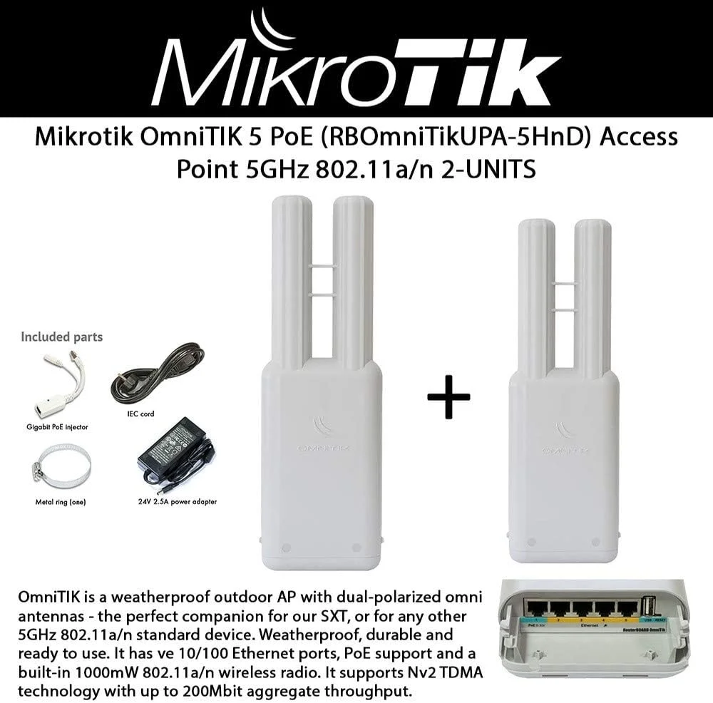 میکروتیک OmniTIK 5 PoE (RBOmniTikUPA-5HnD) - 2 عدد اکسس پوینت بیرونی ضد آب با آنتن های امنی دو قطبی، 5 پورت اترنت با خروجی PoE، رادیو وایرلس 802.11a/n میکروتیک OmniTIK 5 PoE (RBOmniTikUPA-5HnD) - 2 عدد اکسس پوینت بیرونی ضد آب با آنتن های امنی دو قطبی، 5 پورت اترنت با خروجی PoE، رادیو وایرلس 802.11a/n