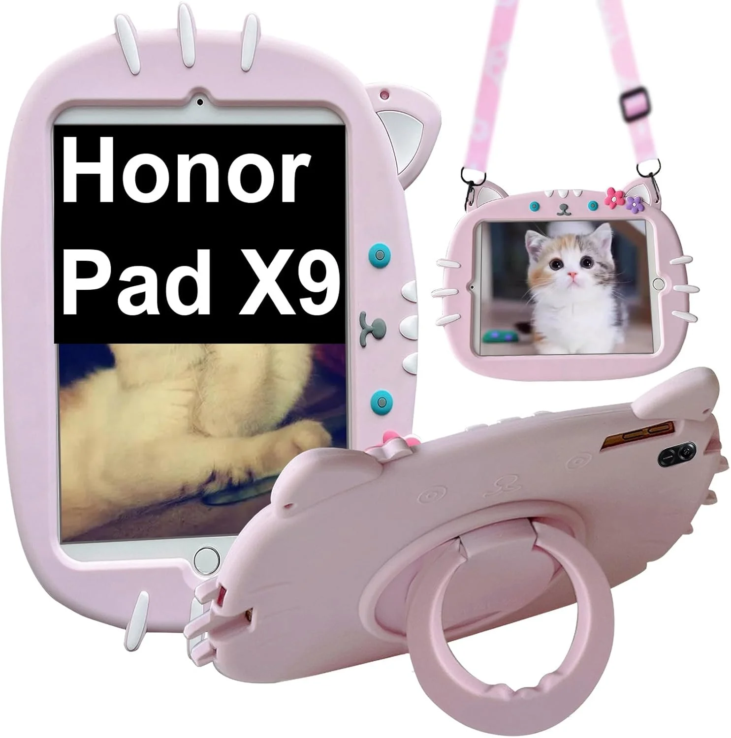 کیف تبلت ZOOMALL مناسب برای تبلت Honor Pad X9 سایز 11.5 اینچ 2023، ضد ضربه، دارای پایه چرخان 360 درجه و بند شانه، طرح گربه