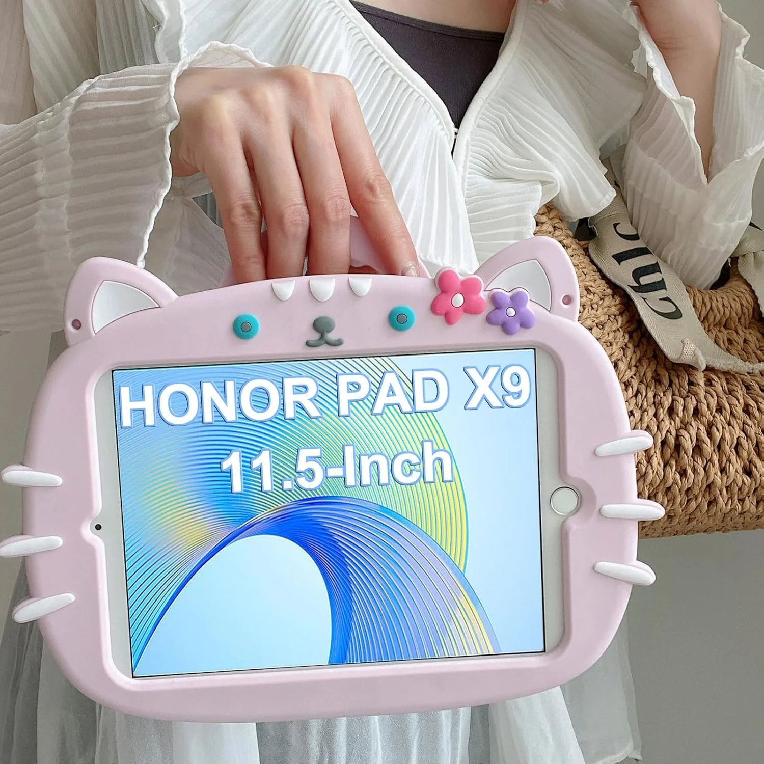 کیف تبلت ZOOMALL مناسب برای تبلت Honor Pad X9 سایز 11.5 اینچ 2023، ضد ضربه، دارای پایه چرخان 360 درجه و بند شانه، طرح گربه