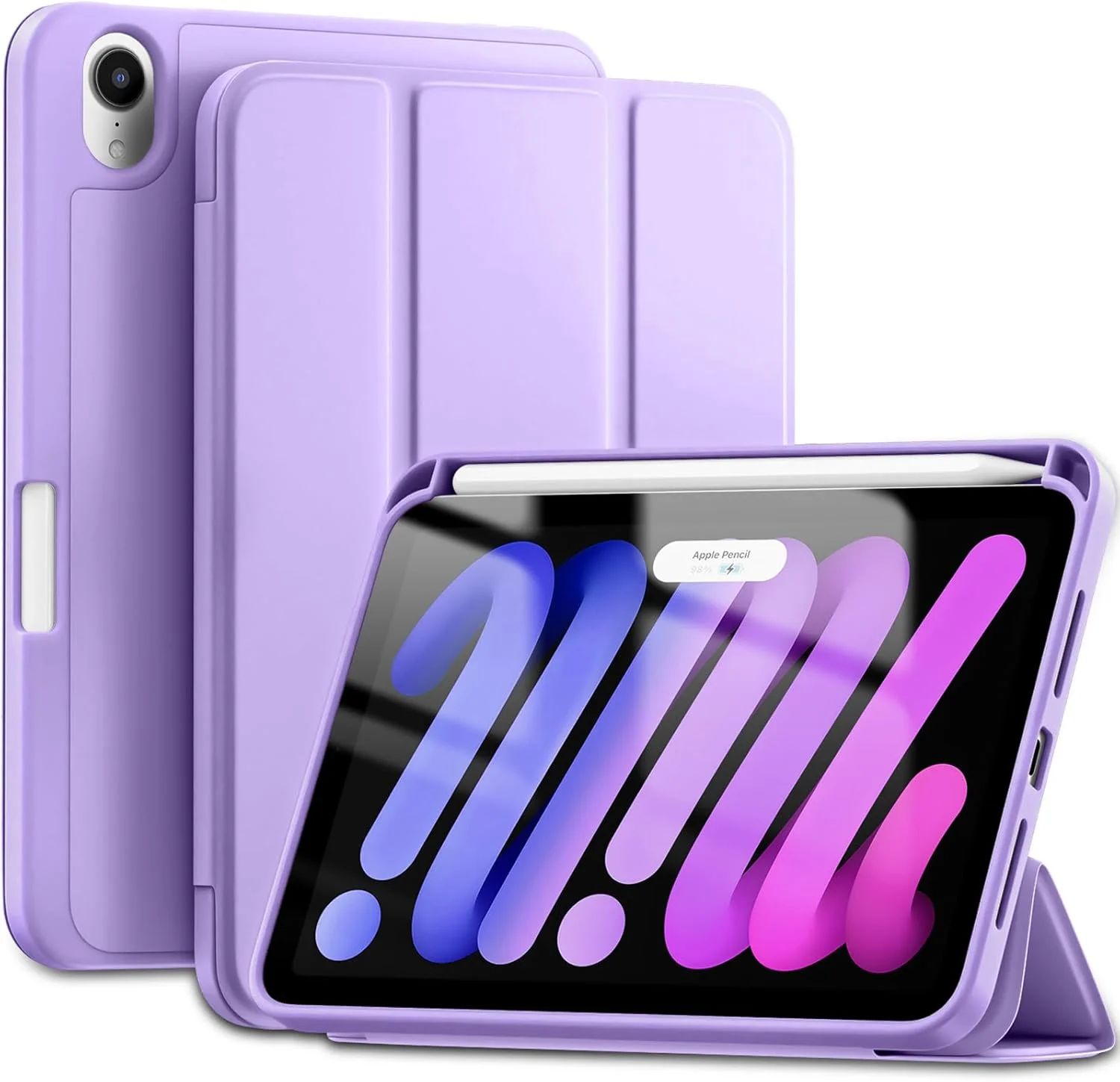 کیف محافظ آیپد مینی 7 (A17 Pro) مدل 2024، مناسب برای آیپد مینی نسل 7/6 اینچی 8.3 اینچی مدل 2024/2021 به همراه جای قلم، کاور سه تایی باریک با پشت TPU نرم، قابلیت خواب/بیدار شدن خودکار، رنگ یاسی