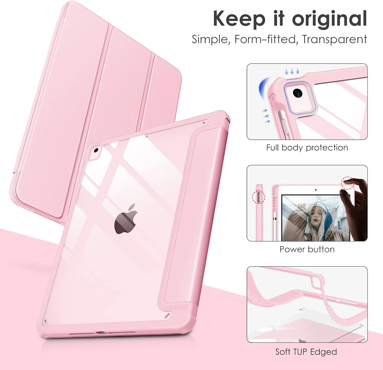 کاور آیپد نسل ششم/پنجم 9.7 اینچی (مدل 2018/2017) و آیپد ایر 2 و 1 (مدل 2014/2013)، پشت شفاف، کاور هوشمند [دارای جای قلم، حالت خواب/بیدار خودکار] - صورتی