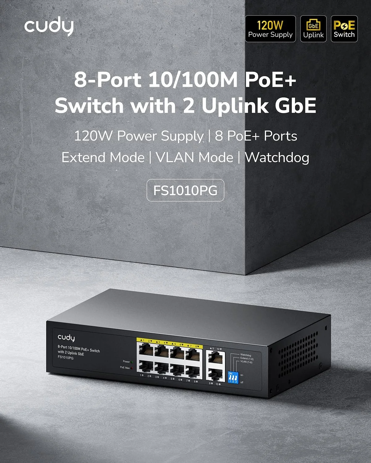 سوییچ 8 پورت PoE+ کودی با 2 پورت آپلینک گیگابیتی 120W، 8 پورت 10/100Mbps PoE+@120W، حالت توسعه/VLAN، استاندارد 802.3af/at، بدون فن، Watchdog، Plug and Play مدل FS1010PG