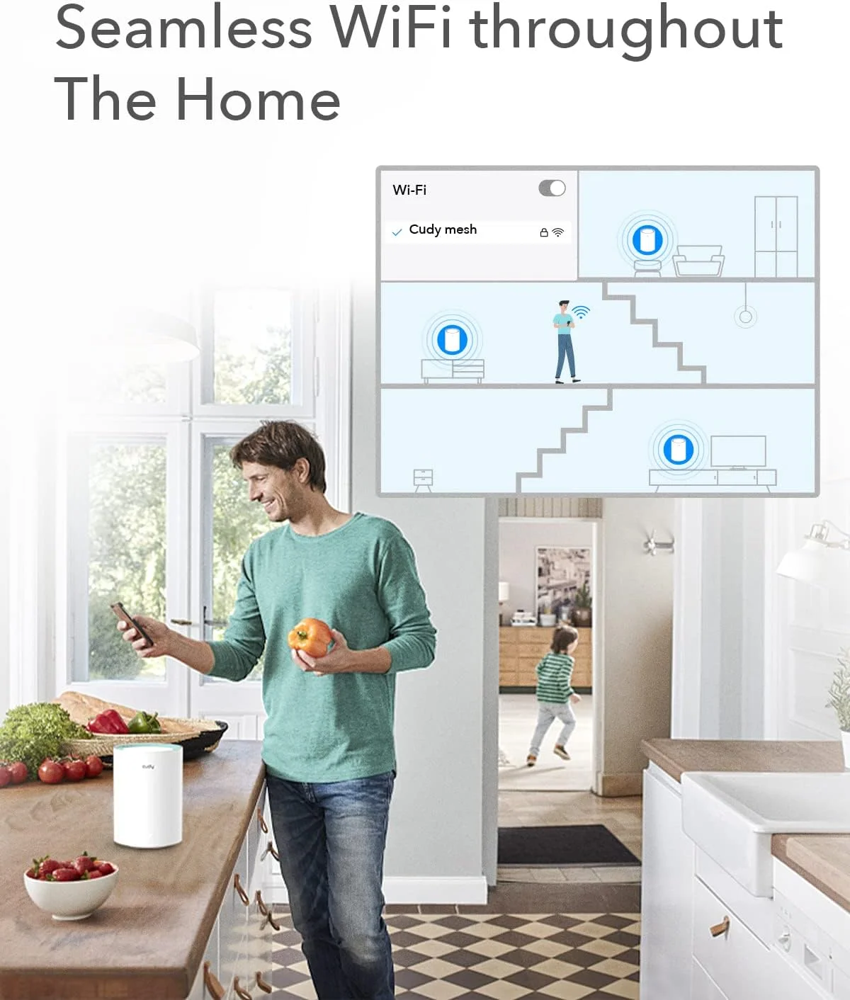 سیستم وای فای مش گیگابیتی AC1200 Cudy، دو بانده، توسعه دهنده وای فای، پورت های گیگابیتی، آنتن های با بهره بالا، VPN، Cloudflare، اتصال تا 100 دستگاه، بسته 2 عددی M1300