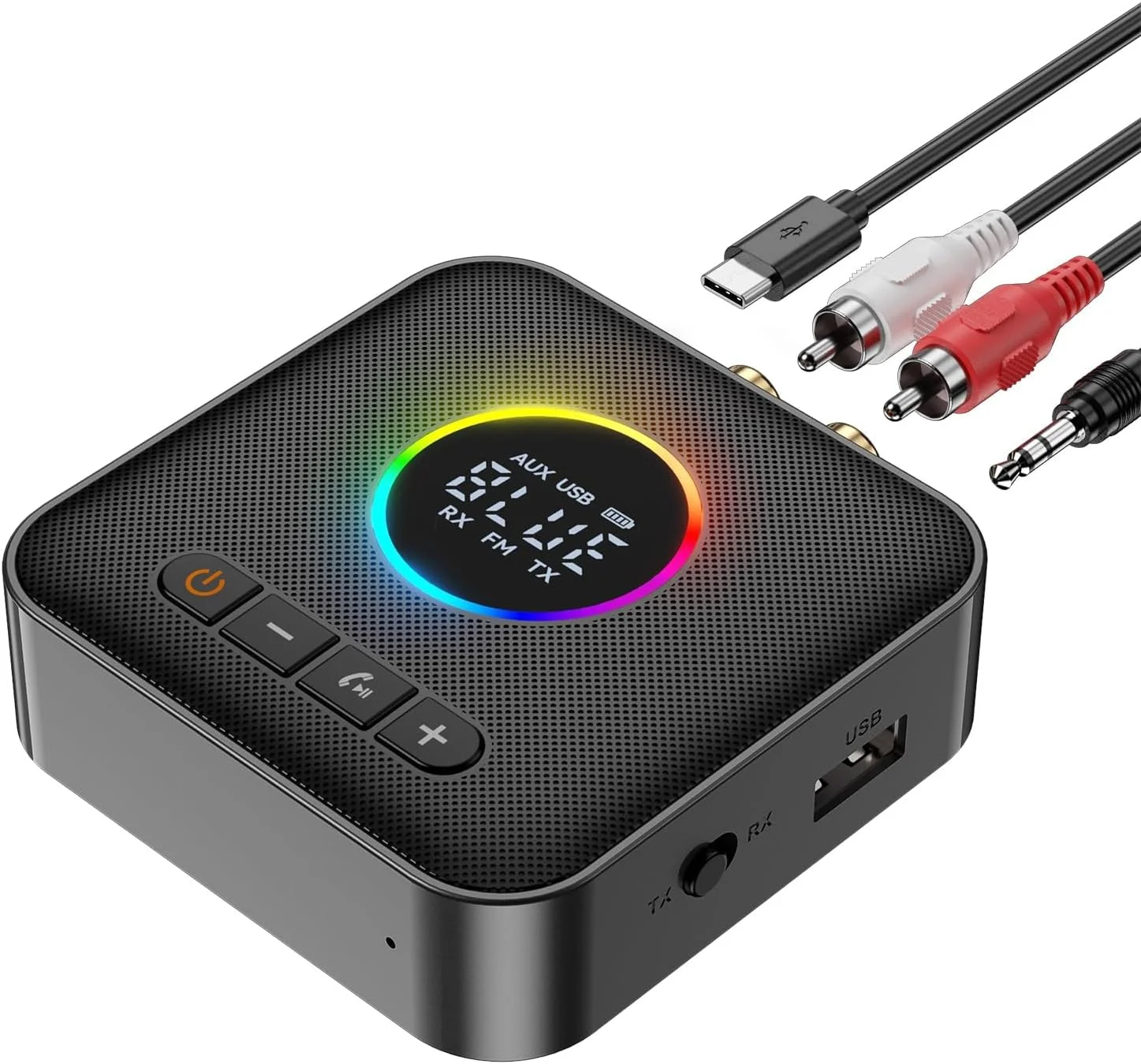 فرستنده/گیرنده صوتی بلوتوثی ارتقا یافته TERRIFI M10 RGB 5.4 برای تلویزیون، استریو خانگی/بلندگوها، آداپتور صوتی بلوتوث با نمایشگر، USB، RCA، AUX 3.5 میلی‌متری، ورودی/خروجی رادیو FM
