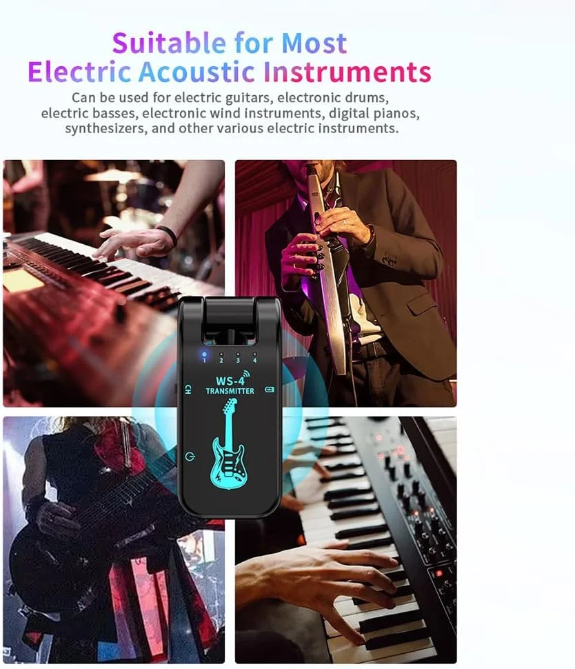 ست فرستنده و گیرنده گیتار بیسیم 2.4G برای گیتار الکتریکی، سازهای بادی، اتصال آسان، انتقال واقعی 48K 16bit، چرخش 282 درجه ست فرستنده و گیرنده گیتار بیسیم 2.4G برای گیتار الکتریکی، سازهای بادی، اتصال آسان، انتقال واقعی 48K 16bit، چرخش 282 درجه