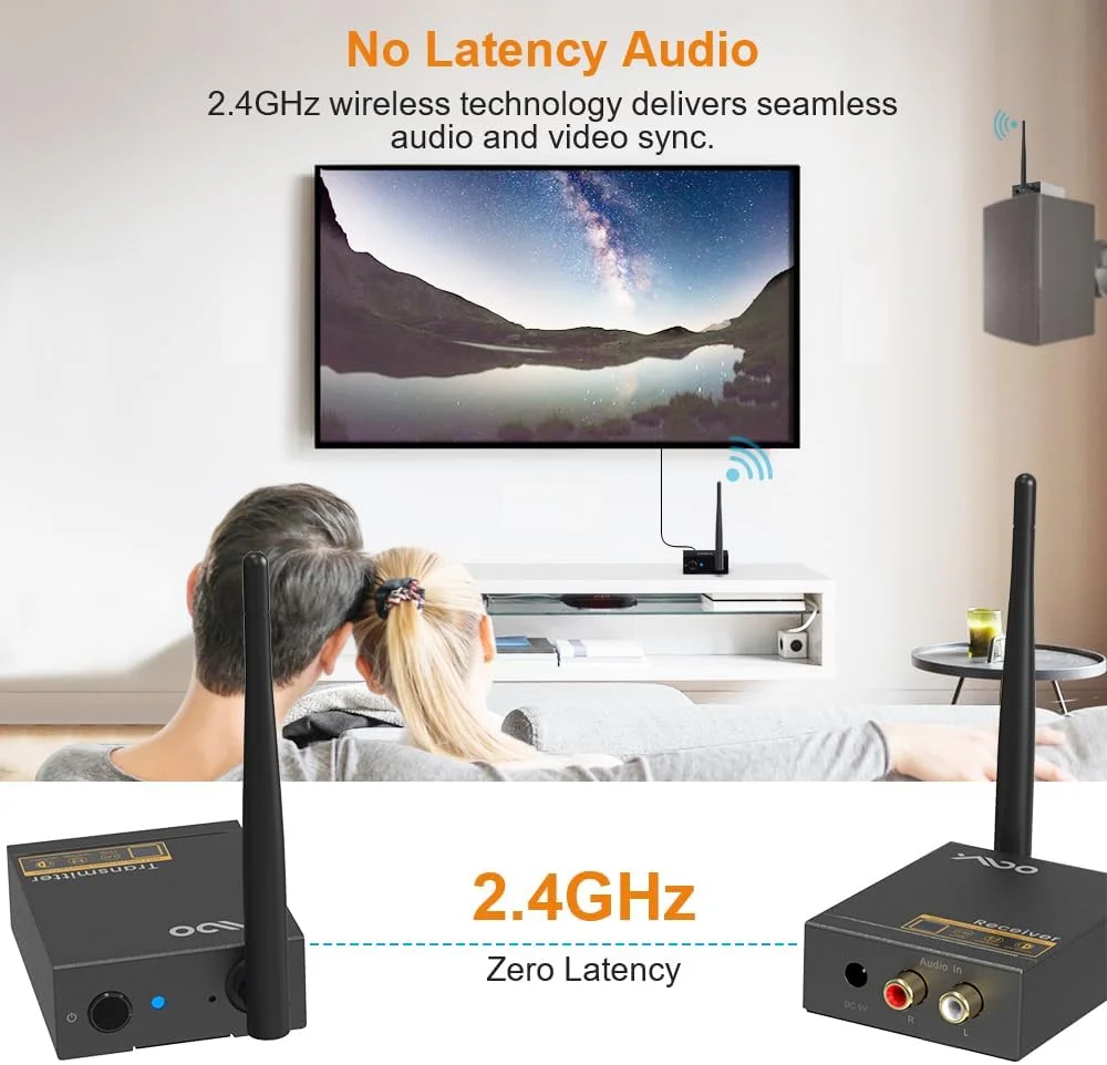 فرستنده و گیرنده صوتی بی سیم 2.4 گیگاهرتز YMOO برای تلویزیون، صدای HiFi 192 کیلوهرتز/24 بیت، تأخیر بسیار کم 20 میلیثانیه، آداپتور بی سیم جک RCA با برد بلند 320 فوت برای ساب ووفر/بلندگوی فعال از تلویزیون/رایانه شخصی/مهمانی/بازی/خانه فرستنده و گیرنده صوتی بی سیم 2.4 گیگاهرتز YMOO برای تلویزیون، صدای HiFi 192 کیلوهرتز/24 بیت، تأخیر بسیار کم 20 میلیثانیه، آداپتور بی سیم جک RCA با برد بلند 320 فوت برای ساب ووفر/بلندگوی فعال از تلویزیون/رایانه شخصی/مهمانی/بازی/خانه
