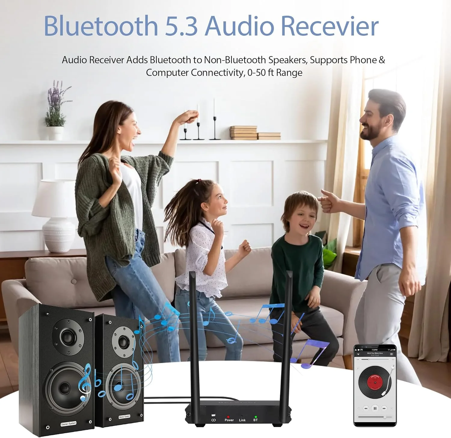فرستنده و گیرنده صوتی بی سیم 2.4 گیگاهرتز، برد بلند 50 متری با تاخیر کم 18 میلی ثانیه (ورودی/خروجی ARC/Optical/3.5mm/RCA، گیرنده بلوتوث 5.3 داخلی مناسب برای سینمای خانگی (فقط صدا))