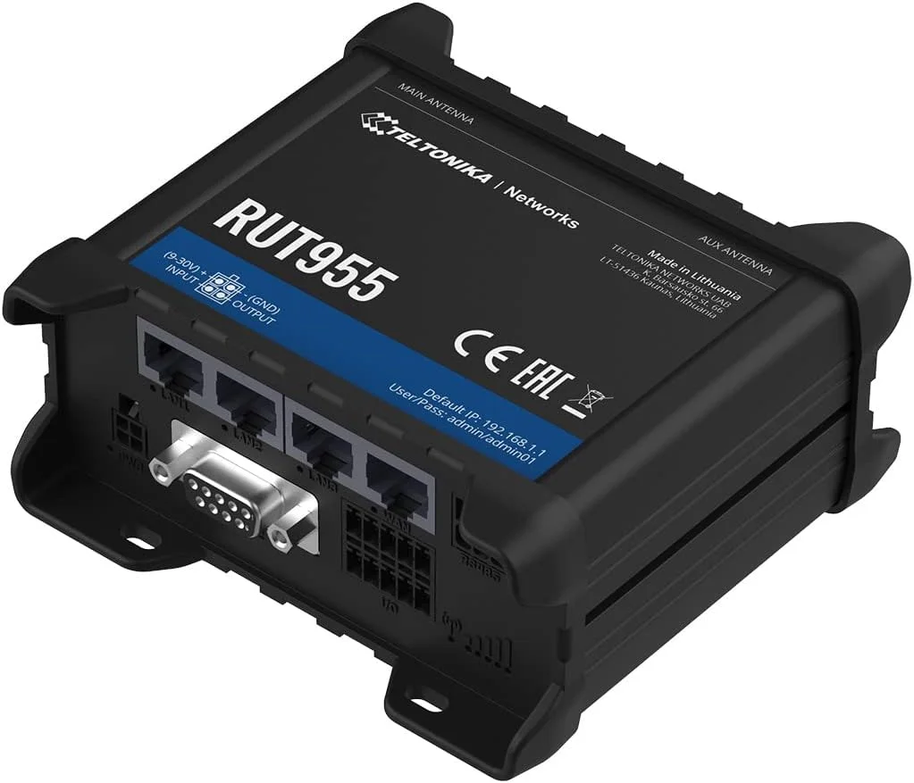 روتر سلولی صنعتی Teltonika RUT955J7V020 مدل RUT955؛ دو سیم کارت؛ اتصال 4G LTE (Cat 4)، 3G، 2G؛ برای استفاده با T-Mobile و AT&T؛ Failover خودکار؛ APN خودکار؛ تا 100 کاربر Wi-Fi