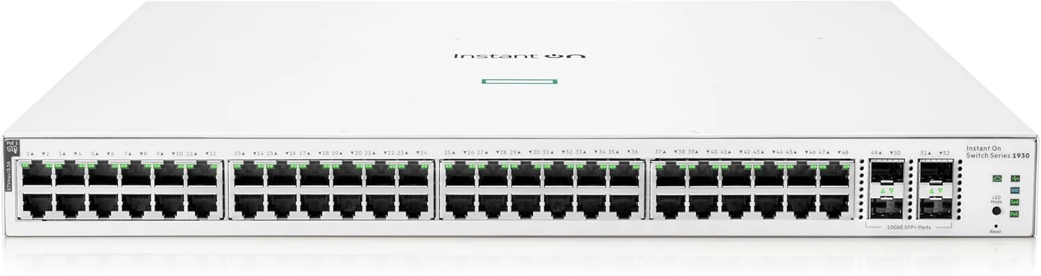 سوئیچ شبکه 48 پورت گیگابیتی هوشمند Aruba Instant On سری 1930، محصول شرکت Hewlett Packard Enterprise | 48x 1G | 4X SFP+ | 48x CL4 PoE 370W | کابل برق آمریکا (JL686A#ABA)