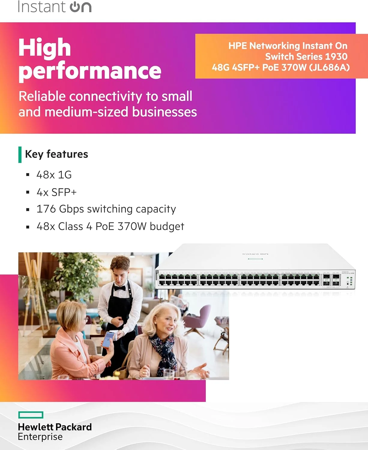 سوئیچ شبکه 48 پورت گیگابیتی هوشمند Aruba Instant On سری 1930، محصول شرکت Hewlett Packard Enterprise | 48x 1G | 4X SFP+ | 48x CL4 PoE 370W | کابل برق آمریکا (JL686A#ABA) سوئیچ شبکه 48 پورت گیگابیتی هوشمند Aruba Instant On سری 1930، محصول شرکت Hewlett Packard Enterprise | 48x 1G | 4X SFP+ | 48x CL4 PoE 370W | کابل برق آمریکا (JL686A#ABA)