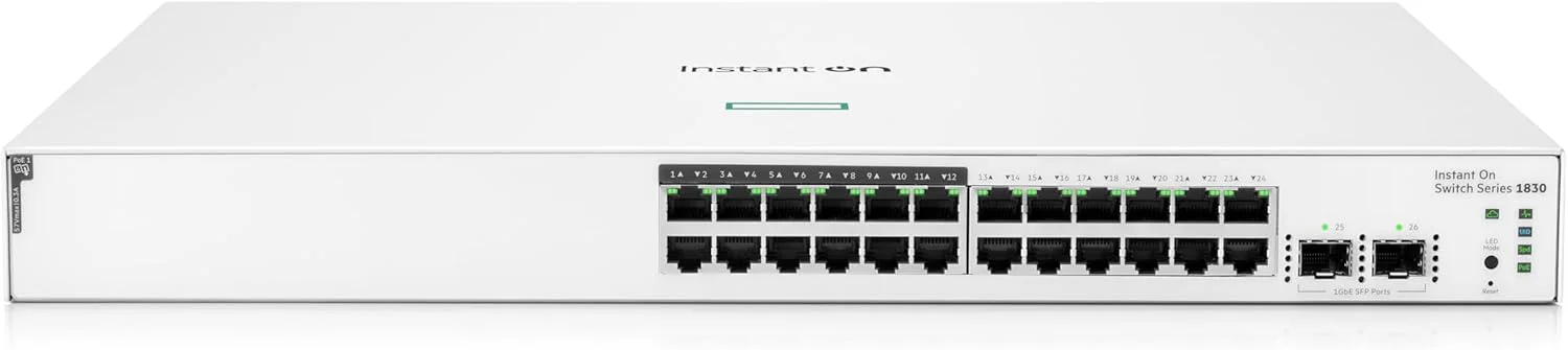 سوئیچ شبکه HPE Instant On سری 1830 با 24 پورت گیگابیتی، مدیریت هوشمند لایه 2 اترنت با PoE | 24x 1G | 2X SFP | 12x CL4 PoE (195W) | بدون فن | سیم برق US (JL813A#ABA)