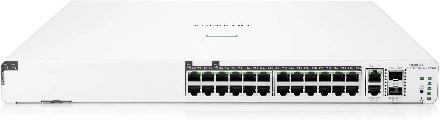 سوئیچ هوشمند 24 پورت گیگابیتی Aruba a Hewlett Packard Enterprise company Instant On 1960 با 20 پورت کلاس 4 PoE و 4 پورت کلاس 6 PoE (370W) - 24x 1G | 2X SFP+ | 2X 10GBase-T (JL807A#ABA)