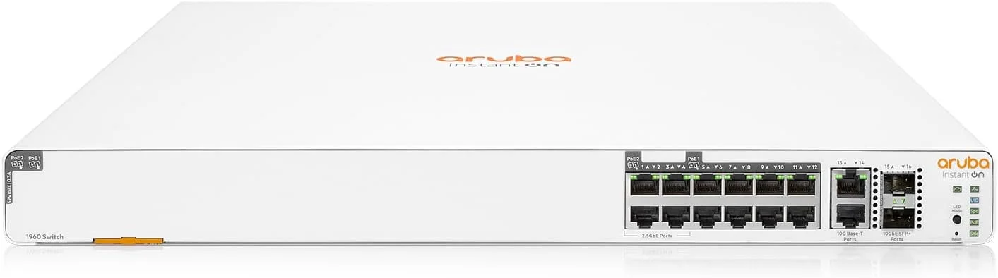 سوئیچ اترنت لایه 2+ مدیریتی هوشمند HPE Networking Instant On سری 1960 با 12 پورت mGig PoE 480W | 8X 1G, 4X 2.5G | 2X 10GBase-T, 2X SFP+ | قابل انباشته شدن | سیم برق ایالات متحده (S0F35A#ABA)