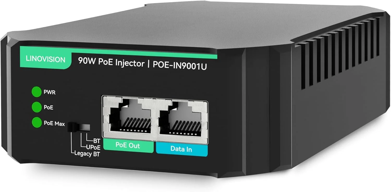 تزریق کننده گیگابیتی 90 واتی PoE LINOVISION 802.3bt، سازگار با دستگاه های PD استاندارد و قدیمی غیر استاندارد، تزریق کننده PoE++ برای دوربین PTZ با مصرف برق بالا، تلفن VoIP