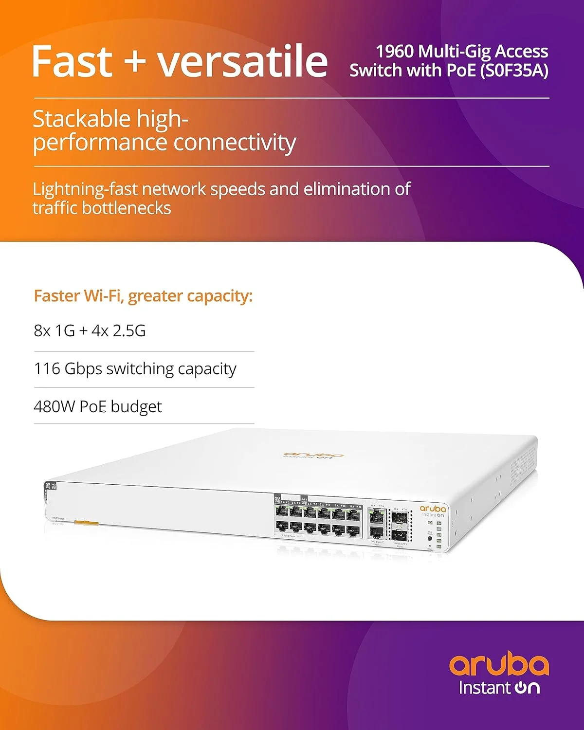 سوئیچ اترنت لایه 2+ مدیریتی هوشمند HPE Networking Instant On سری 1960 با 12 پورت mGig PoE 480W | 8X 1G, 4X 2.5G | 2X 10GBase-T, 2X SFP+ | قابل انباشته شدن | سیم برق ایالات متحده (S0F35A#ABA) سوئیچ اترنت لایه 2+ مدیریتی هوشمند HPE Networking Instant On سری 1960 با 12 پورت mGig PoE 480W | 8X 1G, 4X 2.5G | 2X 10GBase-T, 2X SFP+ | قابل انباشته شدن | سیم برق ایالات متحده (S0F35A#ABA)
