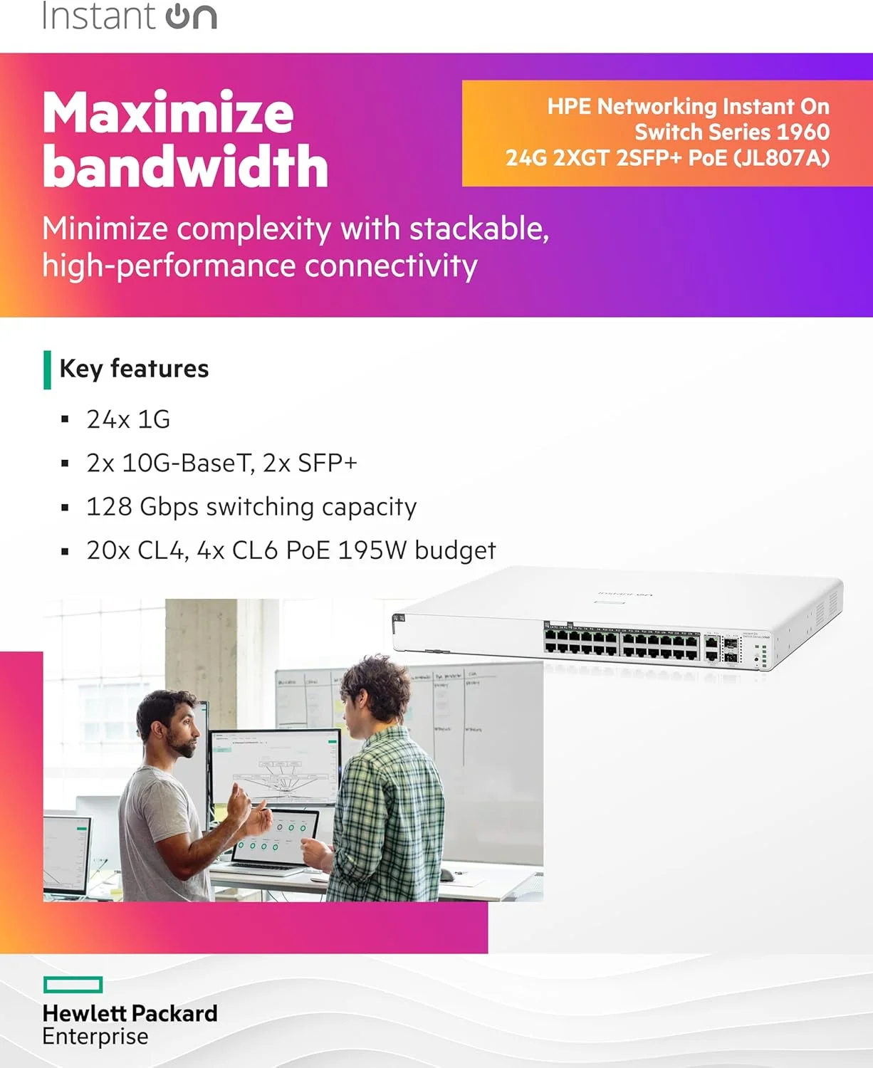 سوئیچ هوشمند 24 پورت گیگابیتی Aruba a Hewlett Packard Enterprise company Instant On 1960 با 20 پورت کلاس 4 PoE و 4 پورت کلاس 6 PoE (370W) - 24x 1G | 2X SFP+ | 2X 10GBase-T (JL807A#ABA) سوئیچ هوشمند 24 پورت گیگابیتی Aruba a Hewlett Packard Enterprise company Instant On 1960 با 20 پورت کلاس 4 PoE و 4 پورت کلاس 6 PoE (370W) - 24x 1G | 2X SFP+ | 2X 10GBase-T (JL807A#ABA)