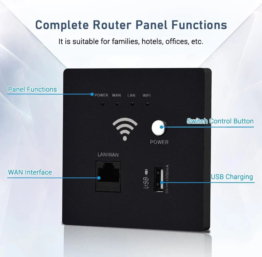 روتر وای فای بی سیم دیواری Morelian 300M AP، پریز شارژ USB، روتر AP وای فای دیواری با رمزگذاری WPS روتر وای فای بی سیم دیواری Morelian 300M AP، پریز شارژ USB، روتر AP وای فای دیواری با رمزگذاری WPS