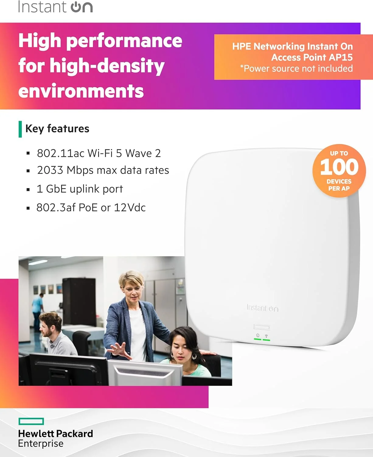 اکسس پوینت بی سیم داخلی HPE Networking Instant On AP15 4x4 WiFi 5 | منبع تغذیه شامل نمی شود | مدل ایالات متحده (R2X05A) اکسس پوینت بی سیم داخلی HPE Networking Instant On AP15 4x4 WiFi 5 | منبع تغذیه شامل نمی شود | مدل ایالات متحده (R2X05A)