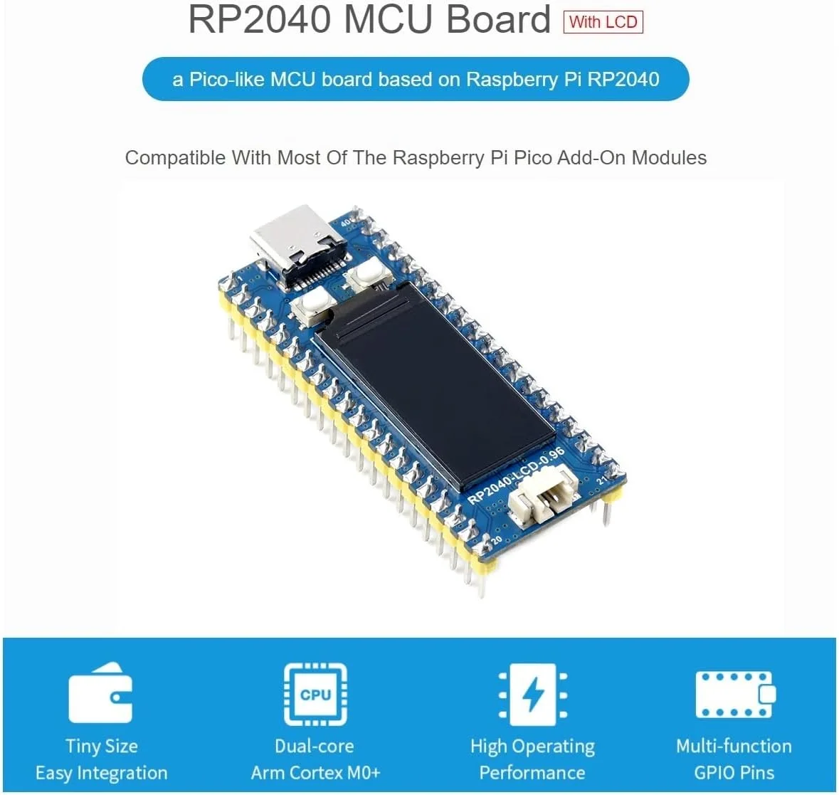 برد مینی RP2040-LCD-0.96-M ویوشیر، برد MCU با عملکرد بالا شبیه Pico با هدر از پیش لحیم شده بر اساس میکروکنترلر RP2040 رزبری پای، دارای LCD 0.96 اینچی، کانکتور USB-C و قیمت مناسب